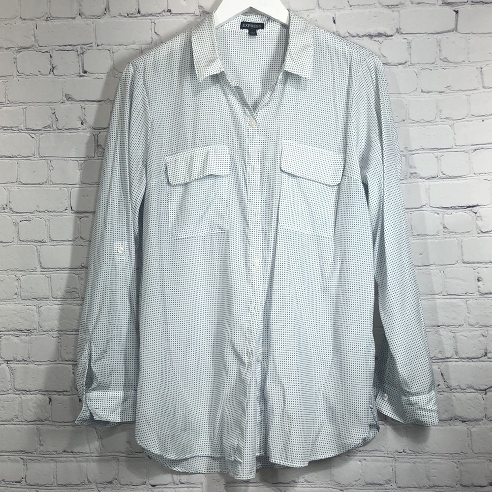 Express button up white with black dots